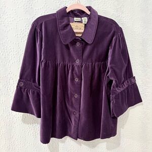 Purple Velvet Peplum Blouse 2X Cottagecore Boho Puff Sleeve Top Dry Clean